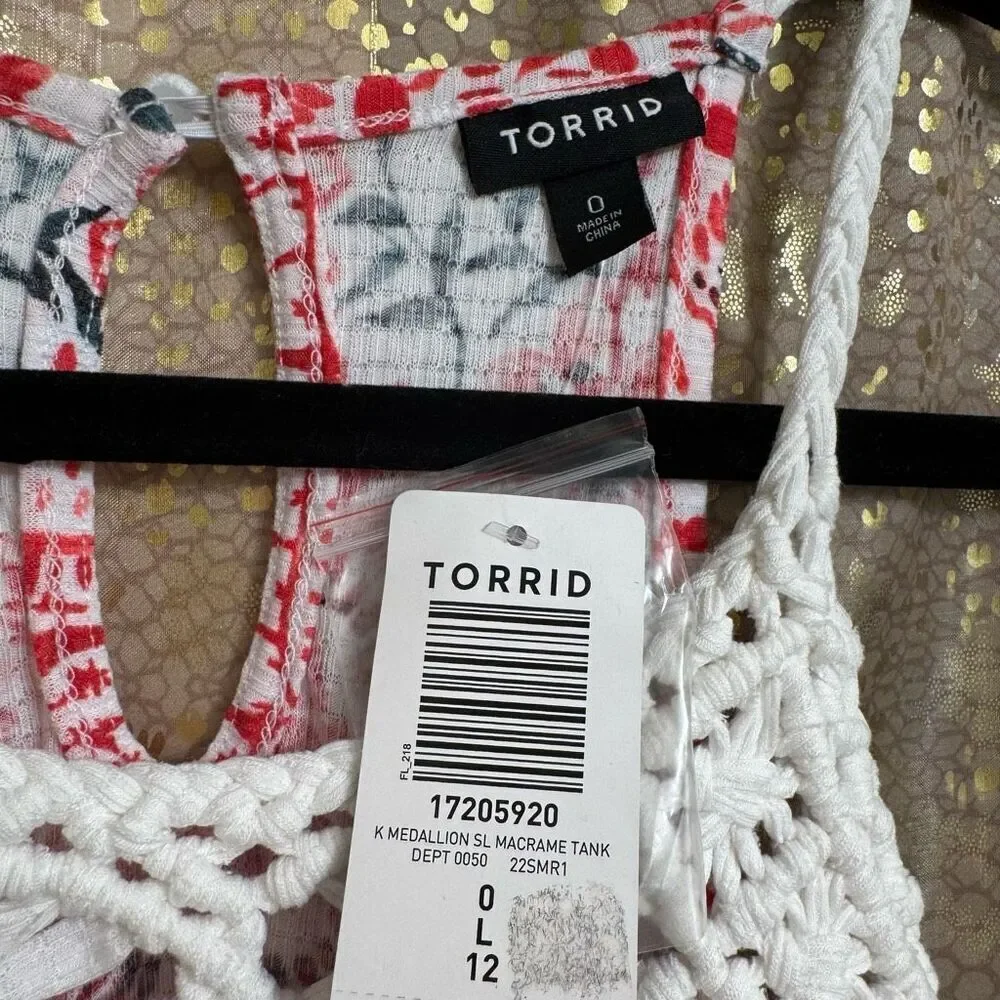 Torrid Red Ivory Knit Macramé High Neck Boho Print Tank Size 0‎ Large NWT